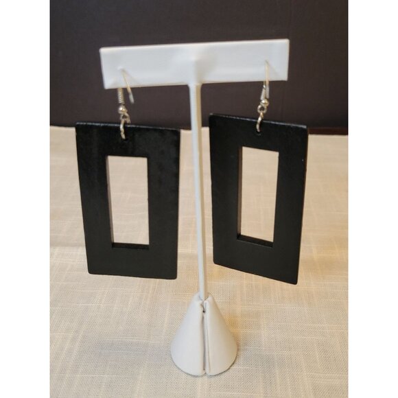 Wood Earrings Geometric Black Rectangular Cutout Dangles - Picture 2 of 5
